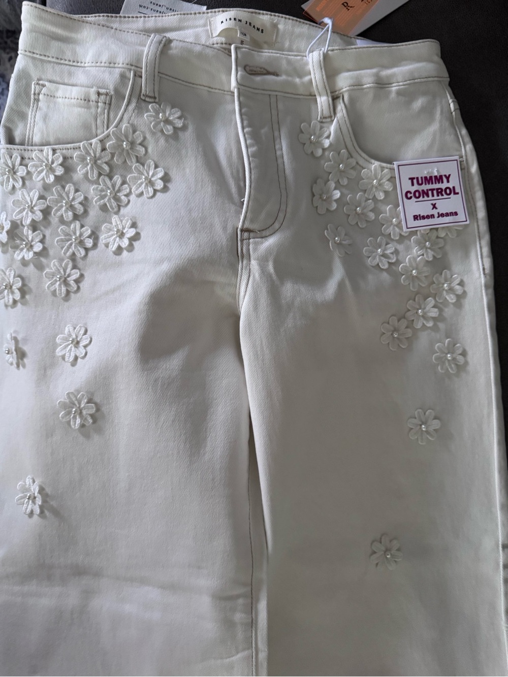 Risen Jessica Mid-Rise Cropped Wide-Leg Floral Embellished Jeans Size 7
